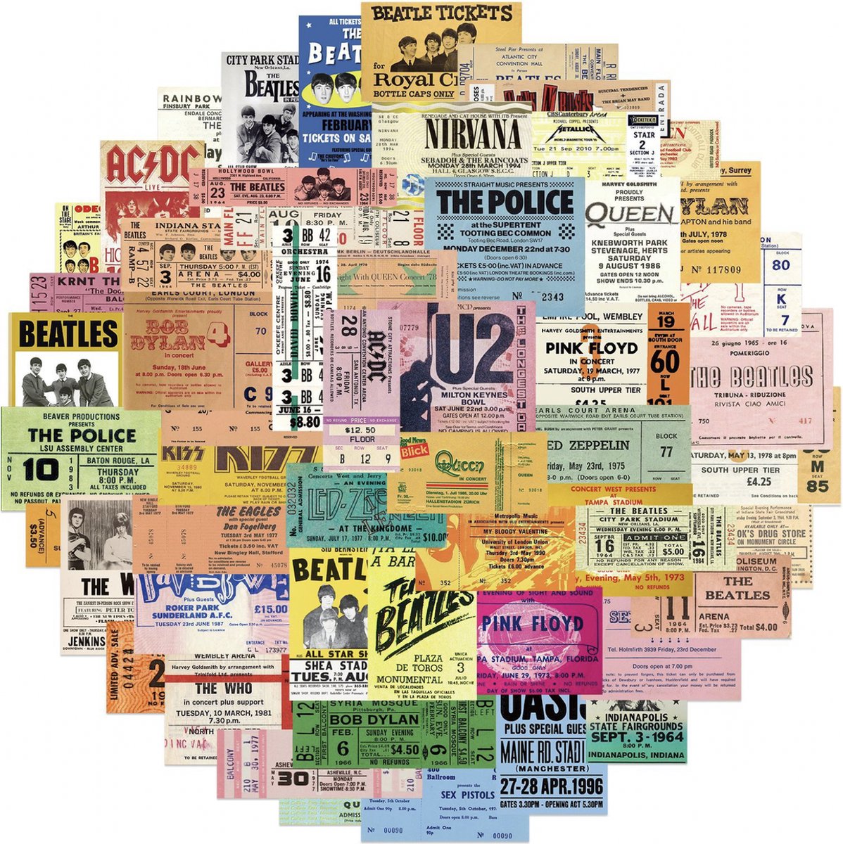 Winkrs | Concert Ticket Stickers | 50 stuks | The Beatles, Sex pistols, Oasis, Elvis, etc